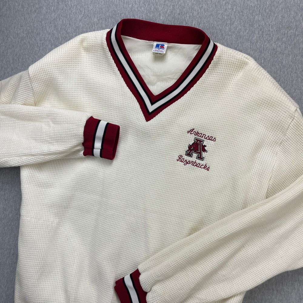 Vintage Arkansas Razorbacks Sweater Mens XL White Waffle V Russell Athletic USA - Picture 3 of 11